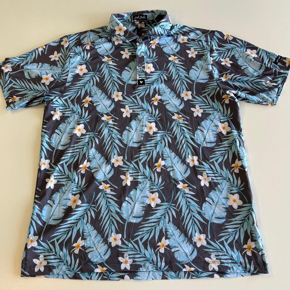 Bad Birdie Mens 2XL Tropical Palm Plumeria Floral Golf Polo Shirt Gray Blue